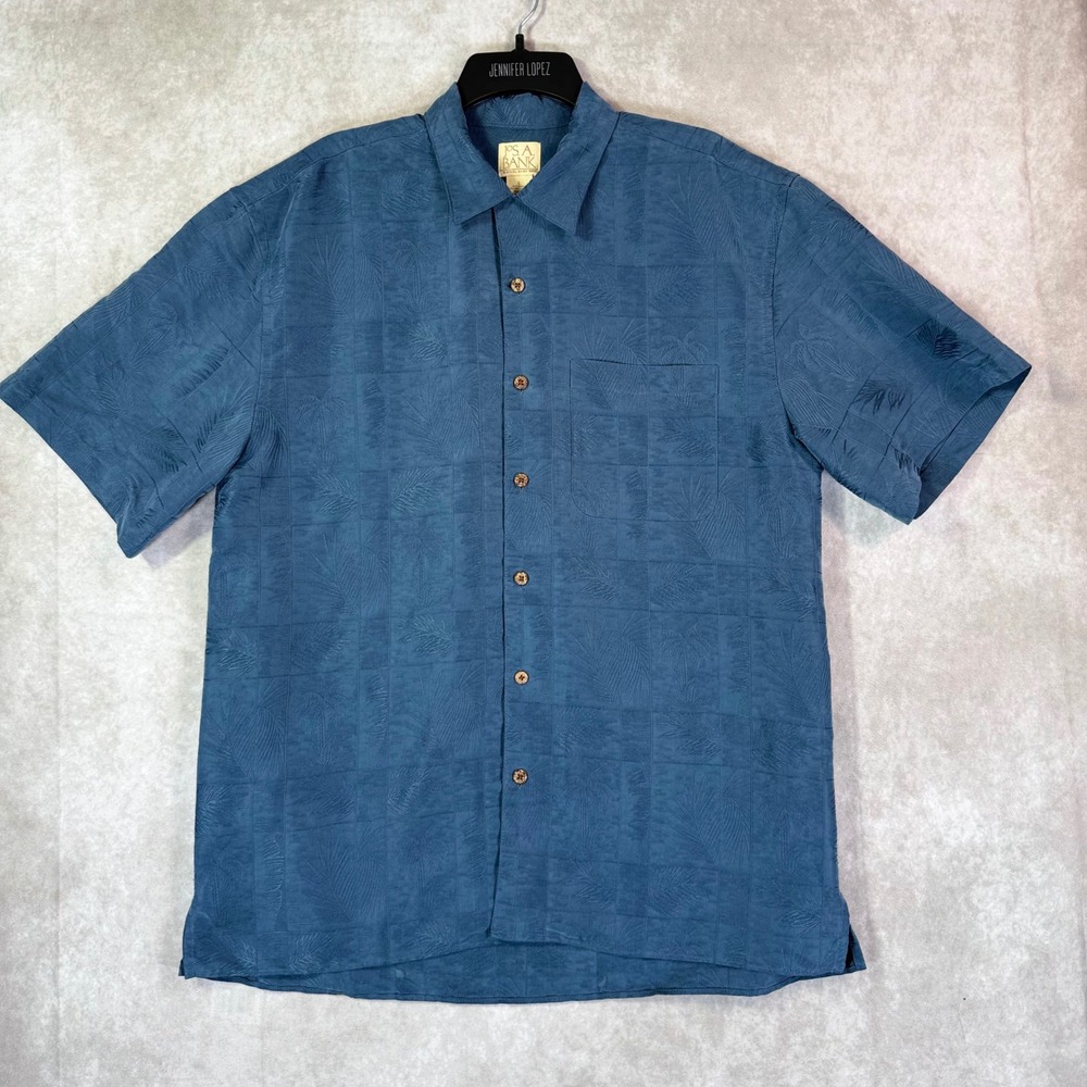 Jos A Bank Button Up Shirt Mens Large Blue Tropical Palm Jacquard Short Sleeve